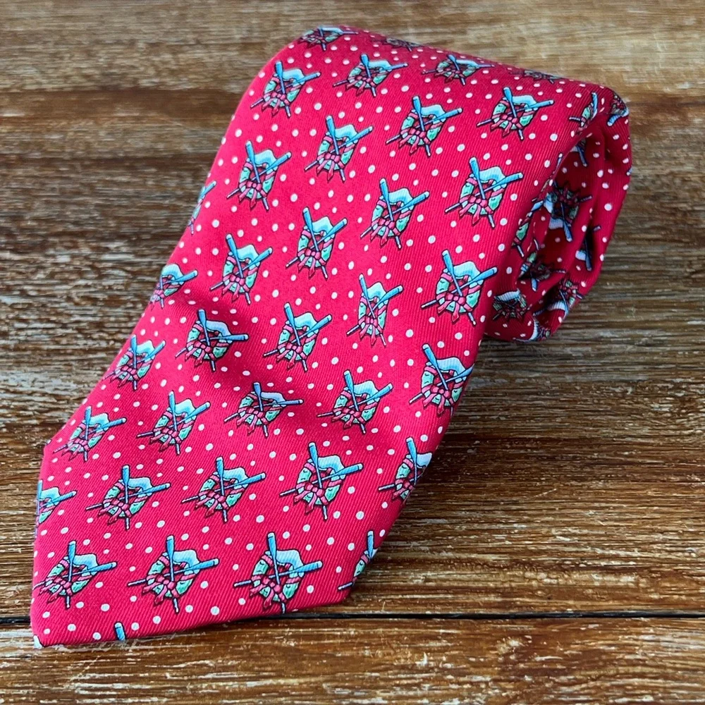Vineyard Vines 100% Silk Red Holiday Wreath Oars Snow Men’s Neck Tie L60” W3.5”